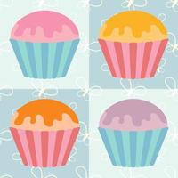 A set of flat colored isolated pastries with glaze of various colors. In striped baskets. On a blue background with abstract silhouettes of butterflies. vector