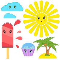 un conjunto de varios elementos de diseño. nubes azules, sol amarillo, paleta rayada con goteras, pastel celeste, palmeras verdes en la playa. una simple caricatura de color plano aislado dibujo sobre un fondo blanco. vector