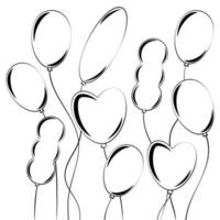 Set of flat isolated white silhouettes of balloons of different shapes on a white background with black . Simple flat vector illustration. Suitable for design, advertising, holidays, cards.