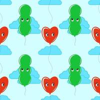 Color seamless pattern of cute smiling balloons on a blue background with clouds. Simple flat vector illustration. Suitable for Wallpaper, fabric, wrapping paper, covers.