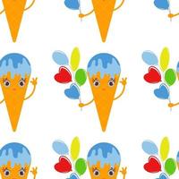 color seamless pattern of cartoon ice cream in a waffle Cup with a bunch of balloons in hand. Simple flat illustration on white background vector