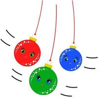 Flat colored set of isolated Christmas toys cartoon balls on thin ropes. Simple bobble figure vector