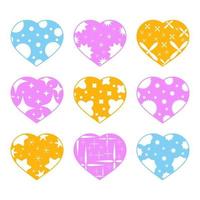 Set of color hearts isolated on white background. With abstract pattern. Simple flat vector illustration. Suitable for greeting card, weddings, holidays, sites.