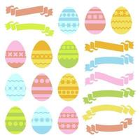 Set of colored isolated Easter eggs and ribbon banners on white background. With an abstract geometric pattern. Simple flat vector illustration. Suitable for decoration of postcards, advertising, magazines, websites.