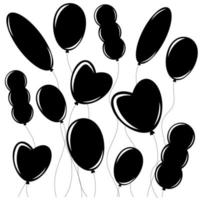 Set of flat isolated black silhouettes of balloons on ropes. Simple design on white background vector