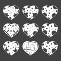 Set of isolated hearts with a white outline on a black background. With abstract pattern. Simple flat vector illustration. Suitable for greeting card, weddings, holidays, sites.