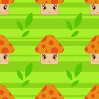 Color seamless pattern of cute smiling mushrooms on a green striped background . Simple flat vector illustration. Suitable for Wallpaper, fabric, wrapping paper, covers.