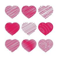 Set of red hearts isolated on a white background. With an abstract pattern of lines. Simple flat vector illustration. Suitable for greeting card, weddings, holidays, sites.
