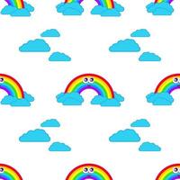 Color seamless pattern of smiling cute rainbows on white background with clouds. Simple flat vector illustration. Suitable for Wallpaper, fabric, wrapping paper, covers.