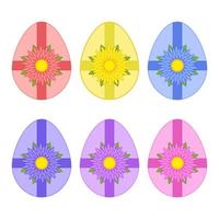 A set of colored isolated Easter eggs tied with ribbons and a flower on a white background. Simple flat vector illustration. Suitable for decoration of postcards, advertising, magazines, websites.