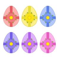 un conjunto de huevos de Pascua de colores aislados atados con cintas y una flor sobre un fondo blanco. Ilustración de vector plano simple. Apto para decoración de postales, publicidad, revistas, sitios web.