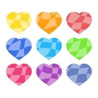 Set of colored isolated silhouettes of hearts on a white background. With a stylish abstract pattern. Simple flat vector illustration. Suitable for decoration of postcards, weddings, holidays, sites.