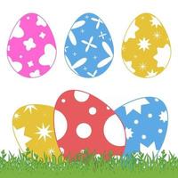 Set of colored isolated Easter eggs on green grass on a white background. With an abstract pattern. Simple flat vector illustration. Suitable for decoration of postcards, advertising, magazines, websites.