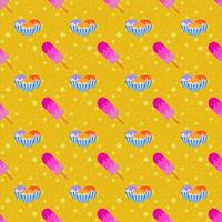 Color seamless pattern of delicious cakes and pink ice-cream with the icing. Simple flat illustration on an orange background with yellow stars vector
