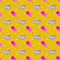 Color seamless pattern of delicious cakes and pink ice-cream with the icing. Simple flat illustration on an orange background with yellow stars vector