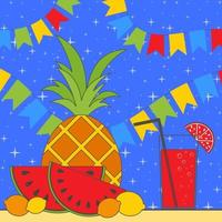 conjunto de frutas tropicales y un vaso con jugo y pajita. piña, limón, sandía. sobre un fondo de guirnaldas y un caramelo cayendo. Ilustración de vector plano de color simple.