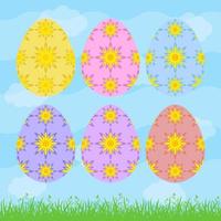 Set of colored isolated Easter eggs on a blue background. With abstract floral pattern. Simple flat vector illustration. Suitable for decoration of postcards, advertising, magazines, websites.