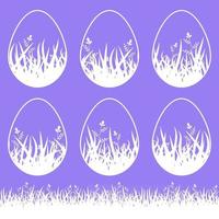 Set of white blank isolated Easter eggs on a purple background. With an abstract floral pattern. Simple flat vector illustration. Suitable for decoration of postcards, advertising, magazines, websites.