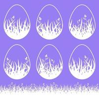 Set of white blank isolated Easter eggs on a purple background. With an abstract floral pattern. Simple flat vector illustration. Suitable for decoration of postcards, advertising, magazines, websites.