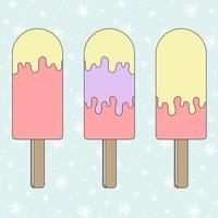 Set of flat colored insulated Popsicle drizzled with glaze. On wooden sticks. On a light blue background. Drawing with a black outline vector