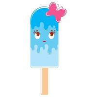 Flat colored isolated striped ice cream sprinkled with glaze of blue color. On a wooden stick. With a little pink butterfly. Simple drawing on a white background. vector