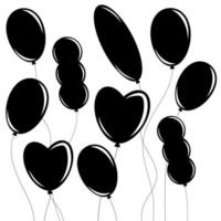 A set of flat black isolated silhouettes of balloons of different shapes on white . Simple flat vector illustration. Suitable for design, advertising, holidays, cards.