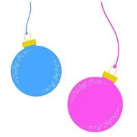 Flat colored set of isolated Christmas toys in the form of balls of blue and pink color on thin ropes. Simple design for postcards. vector
