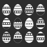 Set of white isolated silhouettes of Easter eggs on a black background. With an abstract pattern. Simple flat vector illustration. Suitable for decoration of postcards, advertising, magazines, websites.