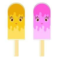 Set of flat colored isolated cartoon ice-cream, drizzled with yellow icing and pink color. On wooden sticks. On a white background. vector