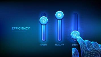 Efficiency concept. Business process control panel for quality, speed and costs. Wireframe hand adjust a efficiency levels mixer. Mixing console. Development and growth business. vector