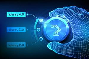 concepto de industria inteligente 4.0. Pasos de las revoluciones industriales. Mano de estructura metálica girando una perilla y seleccionando el modo Industria 4.0. automatización industrial. tecnología industrial autónoma. vector