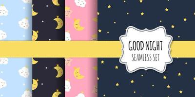 Collection of Kids Seamless Pattern Backgrounds with Cute Night Stars, Moon and Cloud. Vector Illustration