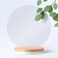 Abstract minimal scene with geometric forms. cylinder wood podium in white background with leaves. product presentation, mock up, show cosmetic product, Podium, stage pedestal or platform. 3d vector