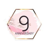 Celebrating 9 Anniversary emblem template design with gold numbers poster background. Vector Illustration