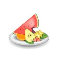 Realistic Natural Fresh Fruits on Plate Summer Isolated Vector Illustration 03