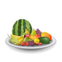 Realistic Natural Fresh Fruits on Plate Summer Isolated Vector Illustration 01