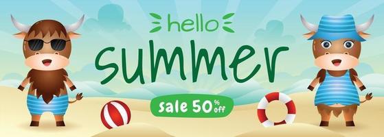 summer sale banner with a cute buffalo in beach vector