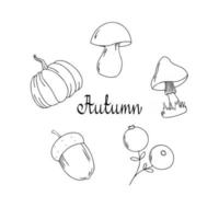 Set of autumn plant elements. Mushrooms, pumpkin, acorn berries isolated on white background in sketch outline style. Hand drawn black and white vector collection with lettering autumn