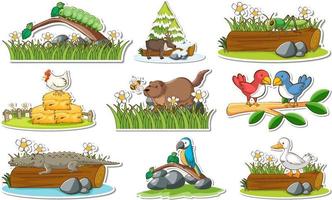 Sticker set with different wild animals and nature elements vector