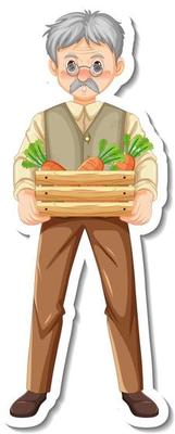 Sticker template with a gardener old man holds vegetable box isolated