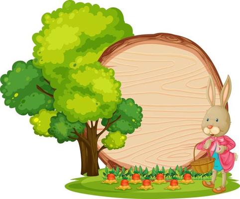 Empty wooden banner in the garden with a rabbit isolated