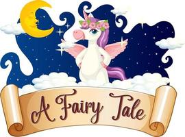 A Fairy Tale font with unicorn cartoon character standing on a cloud vector