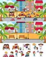 Set of different horizontal scenes background with doodle kids cartoon character vector