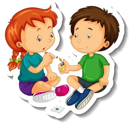 Sticker template with kids trying to smoke cigarette cartoon character isolated