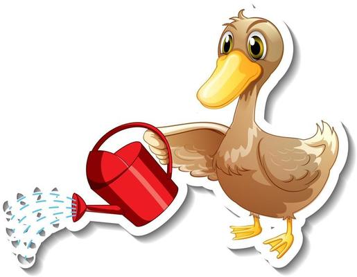 Sticker template with a duck holding watering can cartoon character isolated