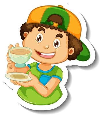 Sticker template with a boy cartoon character isolated