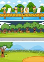 Set of different horizontal scenes background with doodle kids cartoon character vector