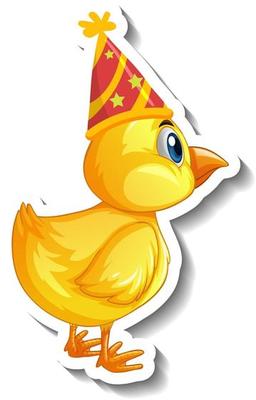 A sticker template with a baby chicken wearing party hat cartoon character