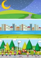 Conjunto de fondo de diferentes escenas de horizonte con personaje de dibujos animados de niños doodle vector