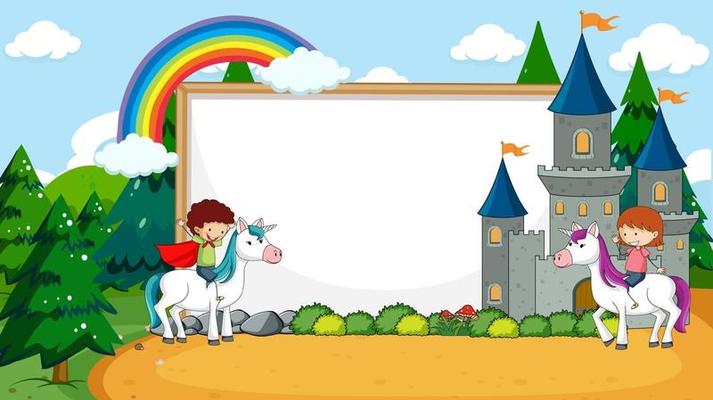 Blank banner in the forest scene with fairy tales cartoon character and elements